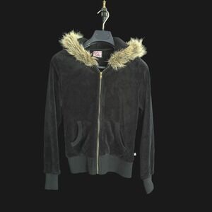 LA Kitty Black Fleece Faux Fur Trim Hooded Zip Up Jacket Small Y2K Style